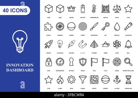 A collection of forty thin line icons representing business innovation, strategy, and creative development concepts. Stock Vector