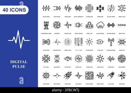 A collection of forty digital pulse and technology line art icons for modern web and software interface design. Stock Vector