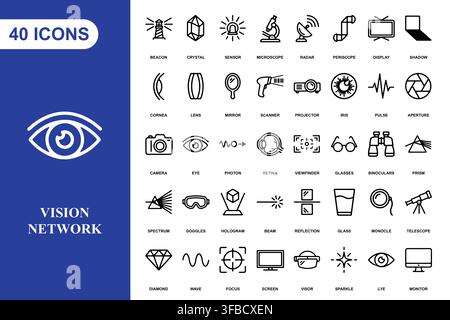 A comprehensive collection of forty linear icons representing optical equipment, vision technology, and visual tools. Stock Vector