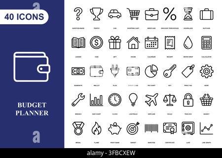 A collection of forty professional line art icons for business, finance, and budget planning applications. Stock Vector