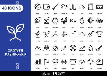 A collection of forty outline icons representing growth, business development, and nature themes. Stock Vector