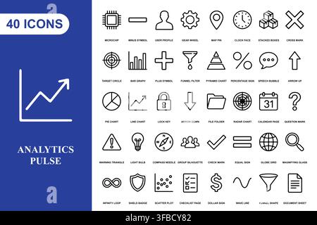 A comprehensive collection of forty professional business and data analytics line art icons for digital projects. Stock Vector