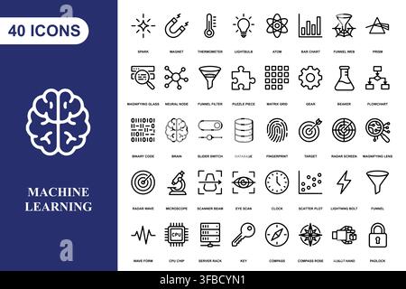 A comprehensive collection of forty line art icons representing machine learning, data science, and artificial intelligence. Stock Vector