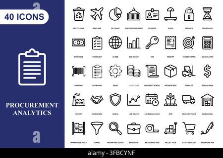 A comprehensive collection of forty linear icons representing logistics, supply chain management, and business analytics. Stock Vector