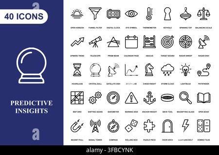 A collection of 40 linear business and strategy icons for professional data analysis and planning projects. Stock Vector