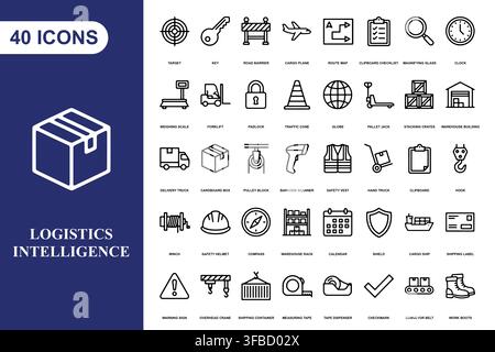 A comprehensive collection of line art icons representing logistics, shipping, warehouse management, and transportation. Stock Vector