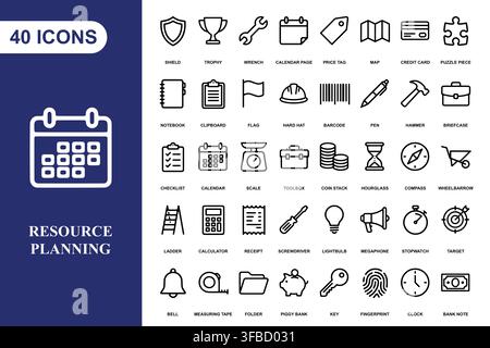 A comprehensive collection of forty linear business and resource planning icons for professional project management. Stock Vector