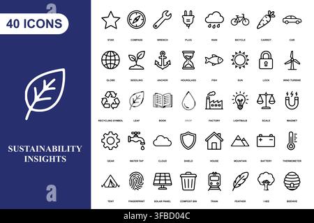 A collection of forty outline icons representing environmental sustainability and green energy concepts. Stock Vector
