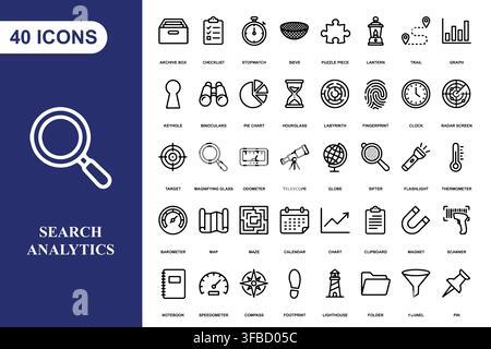 A comprehensive collection of forty linear icons representing search, data analytics, and business research tools. Stock Vector