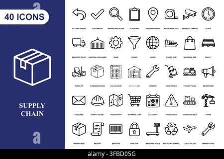A comprehensive collection of forty linear icons representing logistics, shipping, and supply chain management. Stock Vector