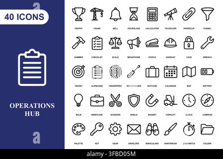 A comprehensive collection of forty professional line art icons for business operations and management tasks. Stock Vector