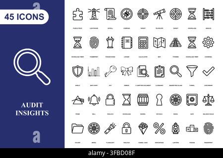 A comprehensive collection of forty five professional line art icons for business audit and data analysis projects. Stock Vector