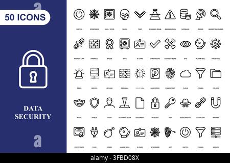 A comprehensive collection of fifty outline icons focused on data security, privacy, and digital protection. Stock Vector