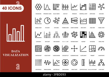 A comprehensive collection of forty line art icons representing various data visualization and analytics charts. Stock Vector