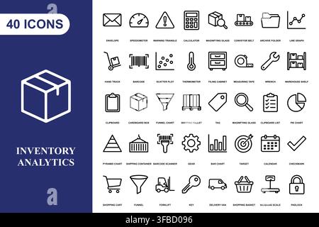 A comprehensive collection of forty linear icons for inventory management, logistics, and supply chain analytics. Stock Vector