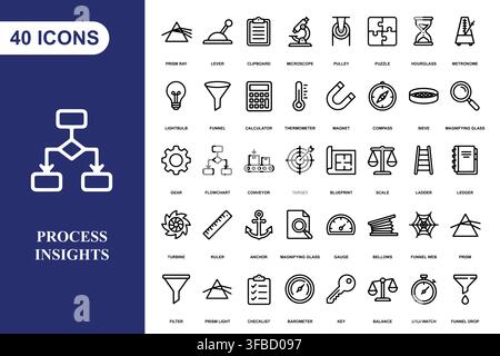 A collection of forty professional line art icons for business, science, and technical process documentation. Stock Vector