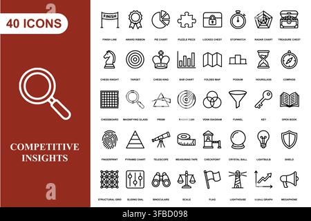 A collection of forty professional line art icons representing business strategy, analysis, and competitive insights. Stock Vector