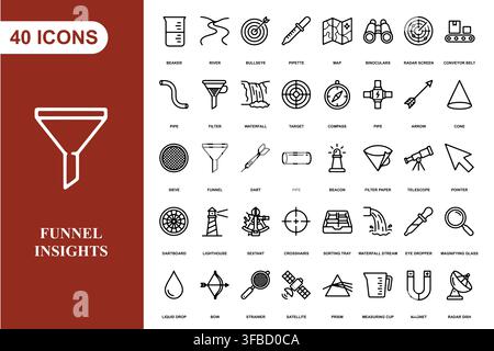 A collection of forty linear business and marketing icons featuring funnels, targets, and analytical symbols. Stock Vector