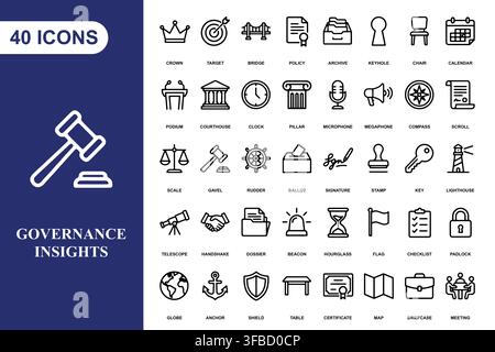 A collection of forty outline icons representing legal, judicial, and governance concepts for professional projects. Stock Vector