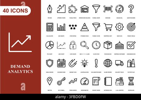 A collection of forty professional line art icons for business analytics, finance, and digital marketing projects. Stock Vector