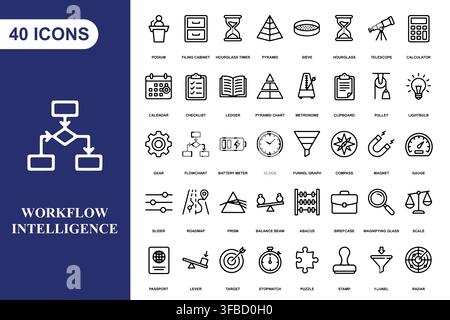A comprehensive collection of forty professional line art icons for business, management, and data analysis projects. Stock Vector