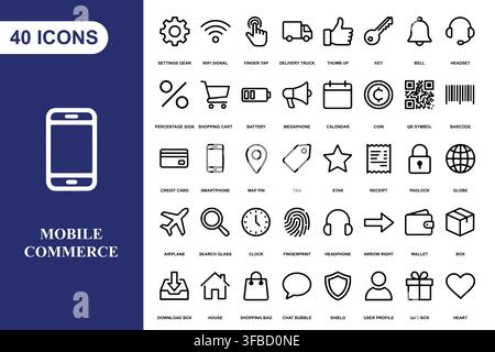 A comprehensive collection of forty linear icons for mobile commerce, shopping, and digital business applications. Stock Vector