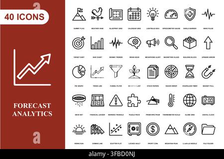 A collection of forty professional line art icons for business analytics, data forecasting, and financial planning. Stock Vector