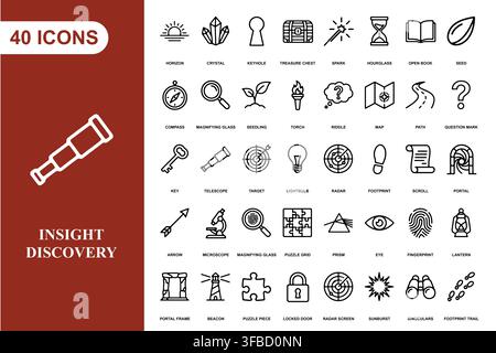 A comprehensive collection of forty linear icons focused on exploration, discovery, and analytical research concepts. Stock Vector