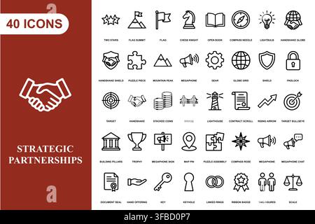 A collection of forty professional line art icons representing business strategy, teamwork, and corporate growth. Stock Vector