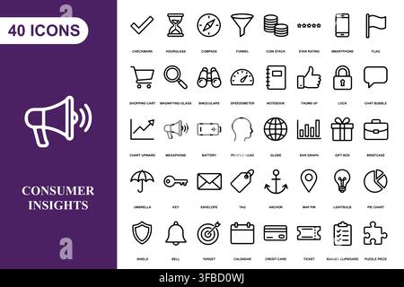 A collection of forty professional line art icons for business marketing and digital interface design. Stock Vector
