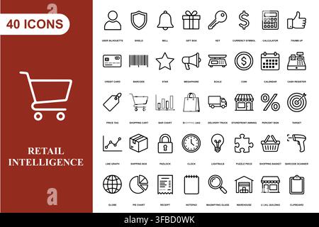 A comprehensive collection of forty retail and business line art icons for e-commerce and marketing projects. Stock Vector
