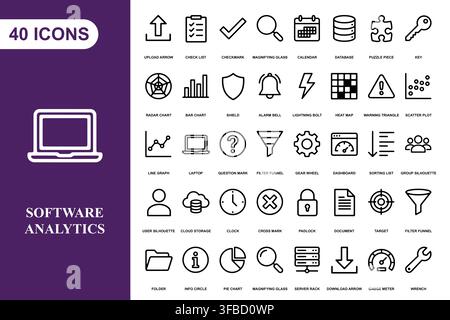 A comprehensive collection of forty linear software analytics and business development icons for digital projects. Stock Vector