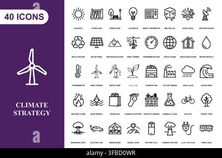 A comprehensive collection of forty line art icons representing climate change, renewable energy, and sustainability. Stock Vector