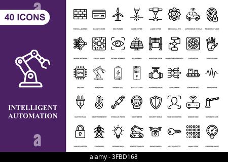 A comprehensive collection of line art icons representing industrial automation, robotics, and smart technology. Stock Vector