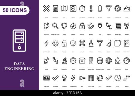 A comprehensive collection of fifty outline icons for data engineering, technology, and digital infrastructure projects. Stock Vector