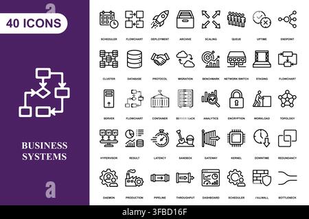 A comprehensive collection of forty linear business and technology system icons for professional digital projects. Stock Vector