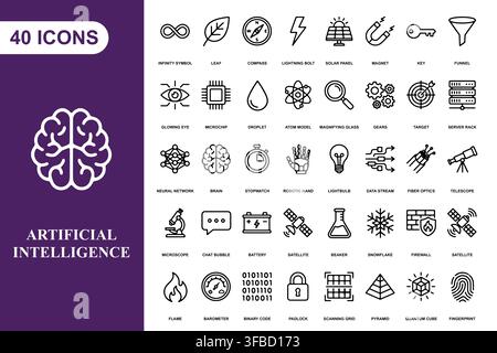 A collection of forty line art icons representing technology, science, and artificial intelligence concepts. Stock Vector