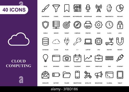 A collection of forty line art icons representing cloud computing, digital technology, and networking concepts. Stock Vector