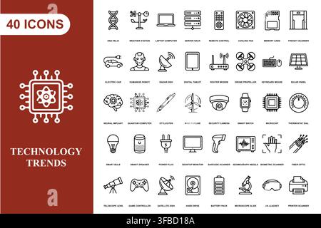 A comprehensive collection of forty linear technology icons representing modern digital innovation and science. Stock Vector