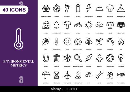 A collection of forty line art icons representing environmental science, nature, and sustainability concepts. Stock Vector