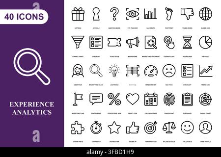 A comprehensive collection of forty linear icons for business analytics, user experience, and digital marketing design. Stock Vector