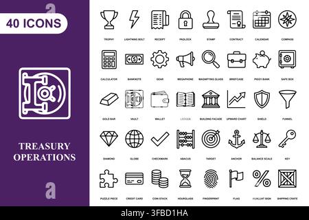 A comprehensive collection of forty line art icons representing banking, finance, and treasury operations. Stock Vector