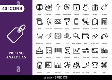 A collection of 40 linear business, finance, and marketing icons for professional digital projects. Stock Vector