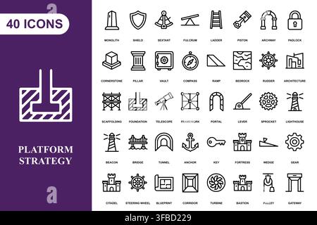 A collection of forty outline icons representing construction, engineering, and architectural design elements. Stock Vector