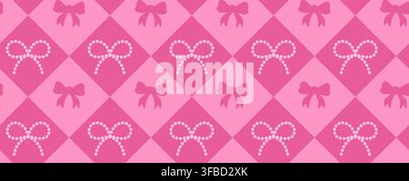 Seamless pink pattern with cherries, bows and stripes in cute retro style. Romantic playful background for textile and decorative prints. Stock vector Stock Vector