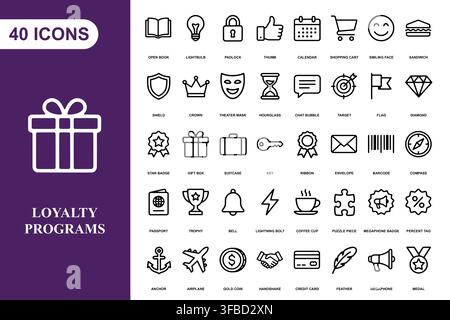 A comprehensive collection of forty professional line art icons for business, marketing, and loyalty programs. Stock Vector