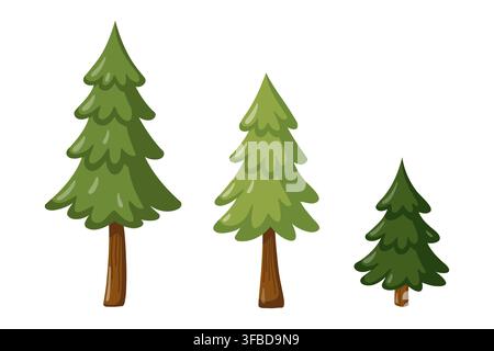 Set of three green pine trees in different sizes and color variations. Cartoon vector isolated illustration on white background Stock Vector