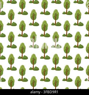 Seamless pattern with tall green trees and leafy bushes on white background. Woodland nature print Stock Vector