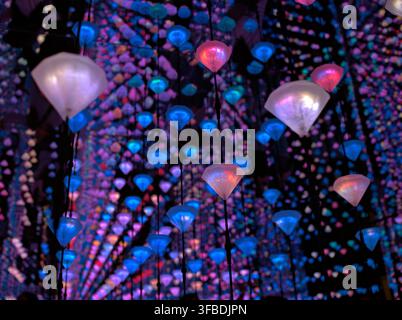 Illuminated translucent light installation with vibrant blue and pink glow Stock Photo