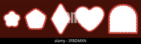 Red petite floral scallop lace borders outline flower, pentagon, diamond, heart plus arch frames on chocolate brown isolated as modern minimal eyelet set for romantic wedding labels or greeting cards. Stock Vector